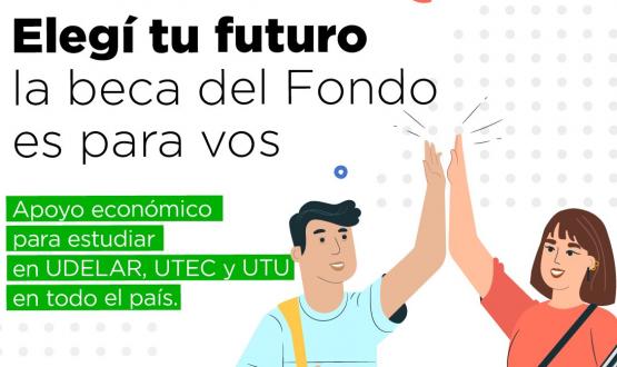 Imagen gráfica con dos jóvenes chocando los cinco, y el texto: elegí tu futuro, la beca del Fondo es para vos.