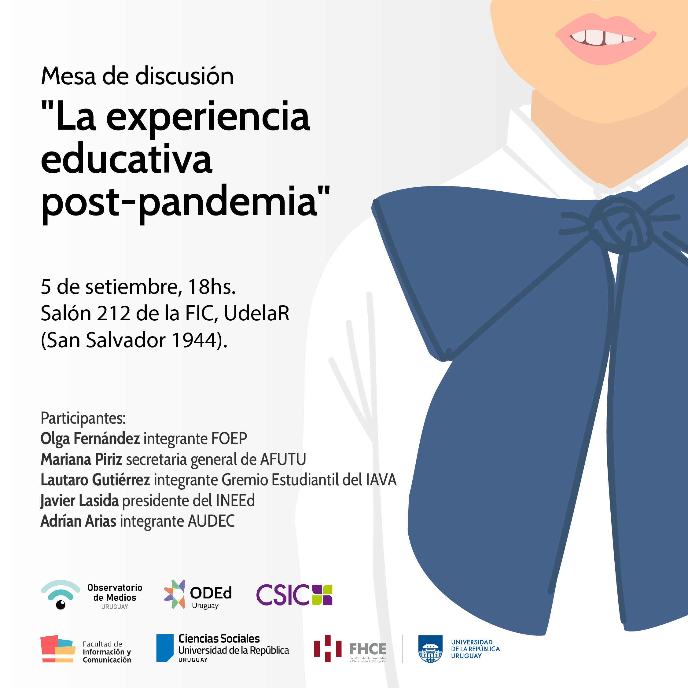 Afiche de la actividad con imagen de escolar con túnica blanca y moña azul.
