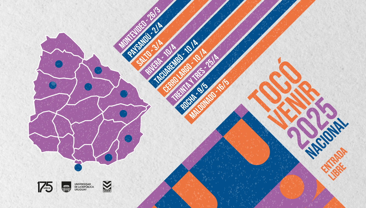 gráfica: mapa del Uruguay en violeta señalizado con los puntos en donde se realzia el evento. 