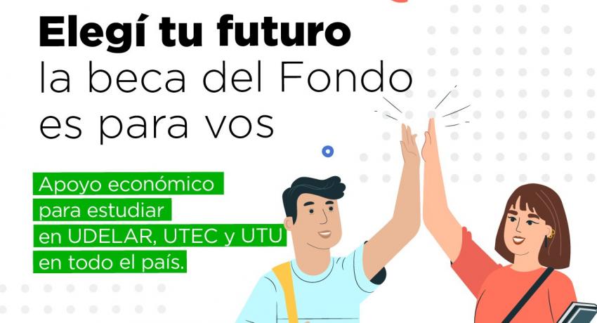 Imagen gráfica con dos jóvenes chocando los cinco, y el texto: elegí tu futuro, la beca del Fondo es para vos.
